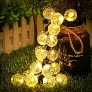 Ghirlandă lumini globuri cristal solare, alb cald, rezistentă la apă