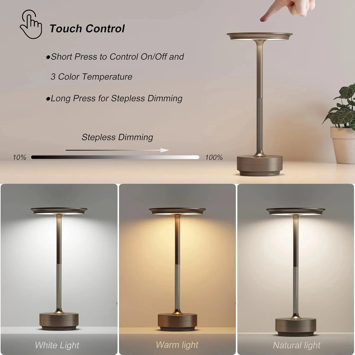 Lampă de masă LED reîncărcabilă, atingere, design farfurie zburătoare din metal