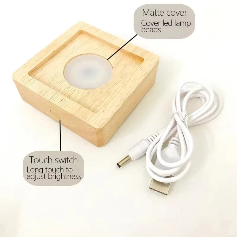 Bază lampă din lemn de cauciuc, pătrată, reîncărcabilă prin USB