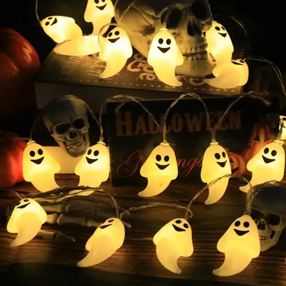 Șir de lumini Halloween cu fețe zâmbitoare, alb cald