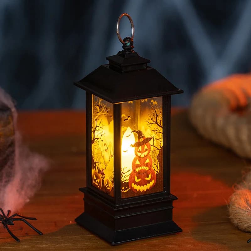 Felinar mini retro LED cu dovleac, vrăjitoare și om de zăpadă