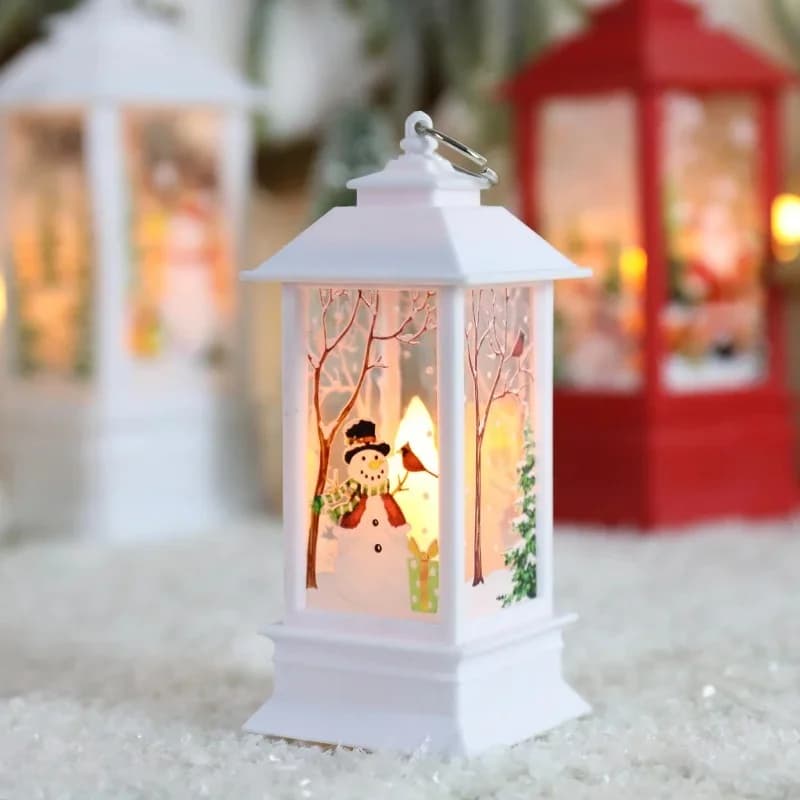Felinar mini retro LED cu dovleac, vrăjitoare și om de zăpadă