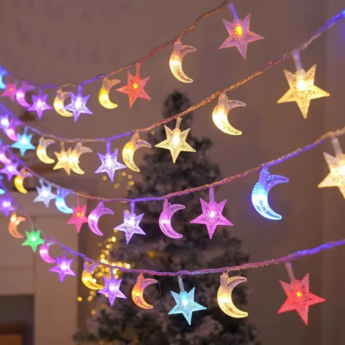 Ghirlandă solară cu stele și luni, alb cald/multicolor