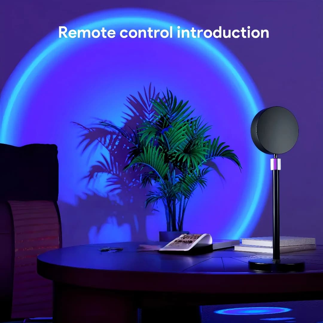 Lampă mini proiectoare RGB LED apus de soare, cu telecomandă și USB