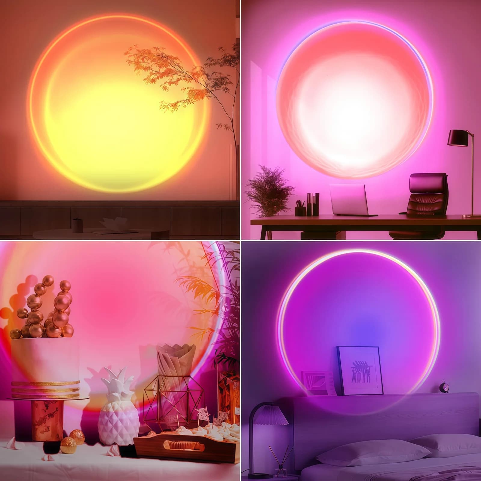 Lampă mini proiectoare RGB LED apus de soare, cu telecomandă și USB