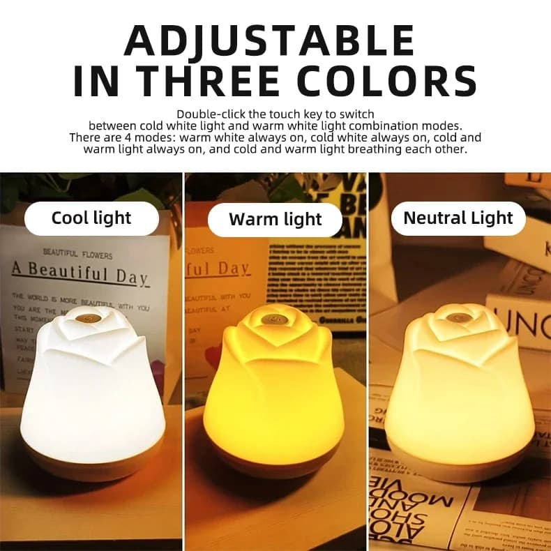 Lumină de noapte trandafir, reglabilă, cu control prin atingere și acumulator
